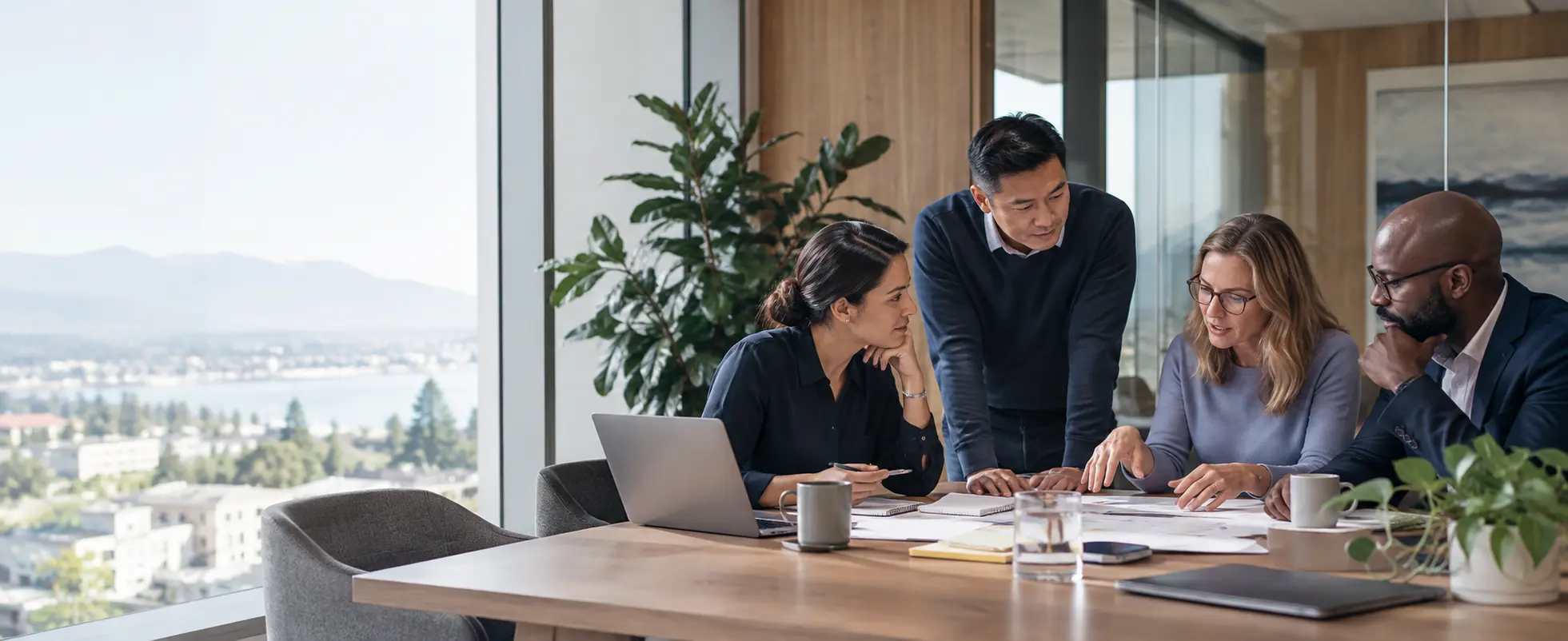 Four experienced project professionals collaborating around a planning table